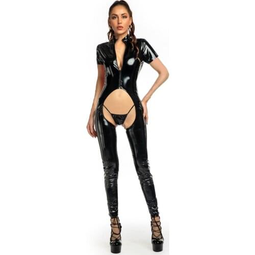 Wet Look PVC Catsuit Hollow Out Open Crotch Bodysuit Shiny PU Leather Bandage Leotard Tights Bodystocking Sexy Erotic Lingerie