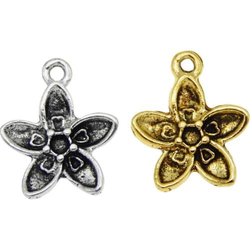 Julie Wang 40PCS Small Flowers Charms Retro Golden Antique Silver Color Flower Pendant Bracelet Alloy Jewelry Making Accessory