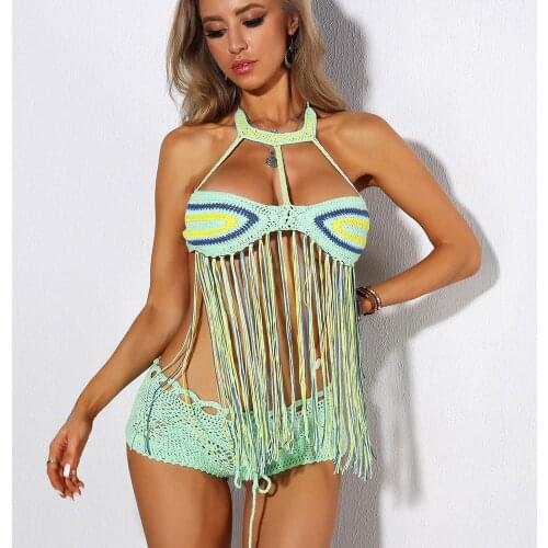 Women Bikini Set Push Up Crochet Knitting Woven Beachwear Bandage Summer Bralette Knit Halter Bathing Swimsuit Swimwear