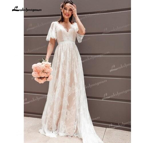 A-Line/Princess Lace Wedding Dresses Illusion Short Sleeves V-neck Backless Sash Belt Sweep/Brush Train Sexy Beach Bride Gown
