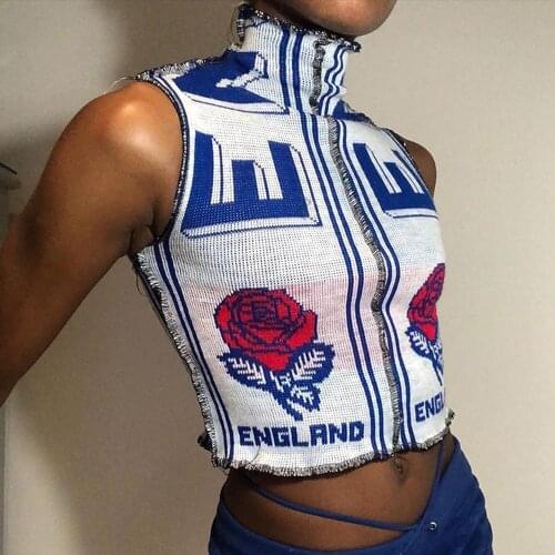 Fashion Women Letter Rose Printed Cropped Tops Ribbed Reverse Slim Tank Tops Sleeveless Vest Party Punk Slim Crop Top Streetwear