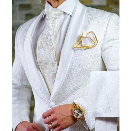 Custom Made Men Suits White Pattern Groom Tuxedos Shawl Lapel Groomsmen Wedding Best Man 2 Pieces ( Jacket+Pants+Tie ) C788