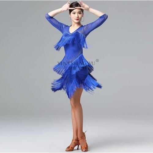 Latin Dance Performance Wear Professional Dance Competition Costumes Dress Half Sleeve Tassel Rhinestone New Sexy Female Adult
