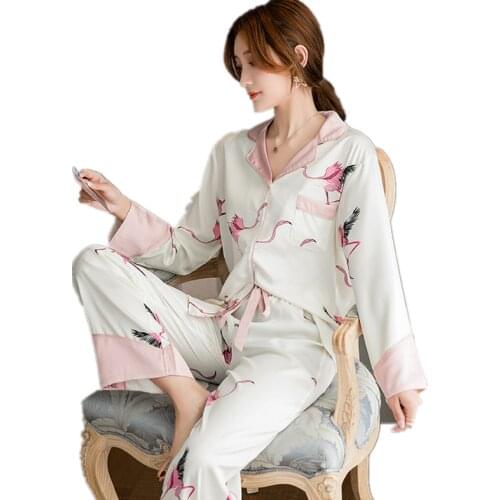 White Pink Flamingo Print Silk Pajamas for Women Fashion Home Suit Spring Sleepwear