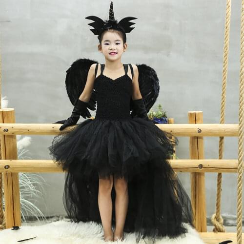 Halloween Dark Unicorn Costume Tutu Dress V Neck Kids Girls Evil Black Magic Witch Outfit Clothing Set For Carnival Holidays