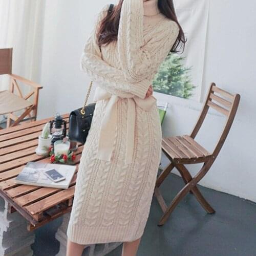 Knitwear Apricot Knitted Sweater Dress Women Dresses Thick Woman Winter Warm Casual Autumn Korean Solid 2021 Turtleneck Clothes