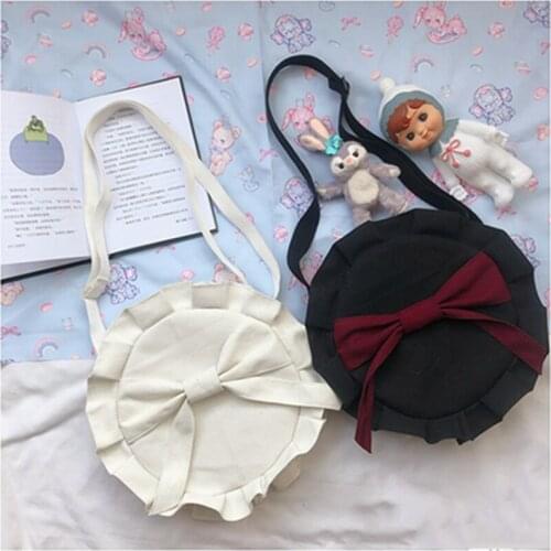 Japanese Retro Sweet Big Bow Girls Shoulder Bag Korean Messenger Bag Jk Lolita Round Flouncing Hand Bag