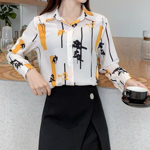 Tree Bird Print Comfortable Long Sleeve Women Top Chiffon Office Blouse Shirt