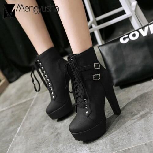 Retro high heel roman boots women lace-up ankle booties two buckle strap decorate platform t-stage botas woman chunky heels