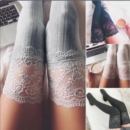 Women Lace Stocking New Floral Lace Trim Thigh High OVER the KNEE Long Cotton Warm Stockings