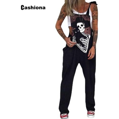 2021 Gothic Fashion Skull Print Jumpsuit Plus Size 4xl 5xl Women Short Sleeve Loose Romper Casual Trouser Overalls Streetwear