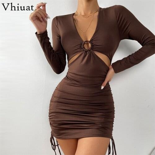Vhiuat Brown Ruched Drawstring Low Cut Long Sleeve Brown Hollow Out Bodycon Mini Sexy Party Dresses For Women Slim Dress 2021