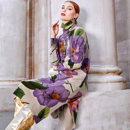 Winter Knited Dress Casual Floral Turtleneck Sweater Dress Autumn Vintage Plus Size Women Elegant Bodycon Long Wool Sweaters