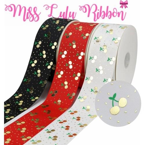 3"75mm Green Ink Gold Foil Cherry Pattern Solid Grosgrain Ribbon DIY Bowknots Hair Band Making 50yards/roll