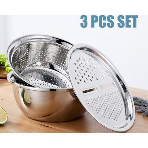 3PCS Stainless Steel Kitchen Graters Vegetable Slicer Vegetable Cutter Drain Basket Set Drain Basin for Fruit