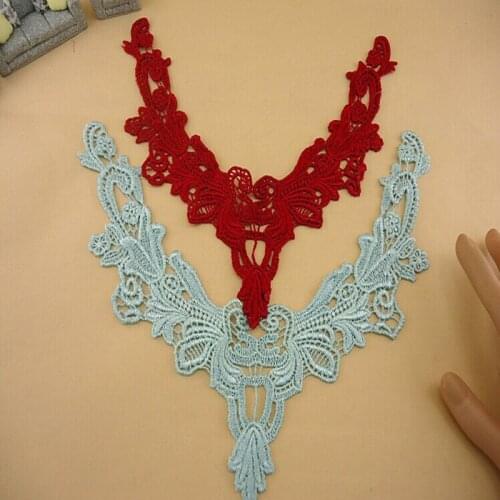 4PC Dark red/Light blue Embroidery Collar Venise Lace Flowers Neckline Applique Trim, lace fabric sewing supplies