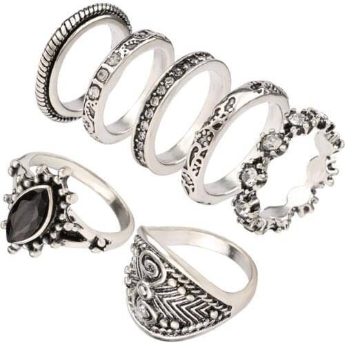 7 Pcs Gothic Ring Set Steampunk Black Eye Resin Mosaic Adjustable Vintage Gold-Color Midi Knuckle Rings For Women Anel