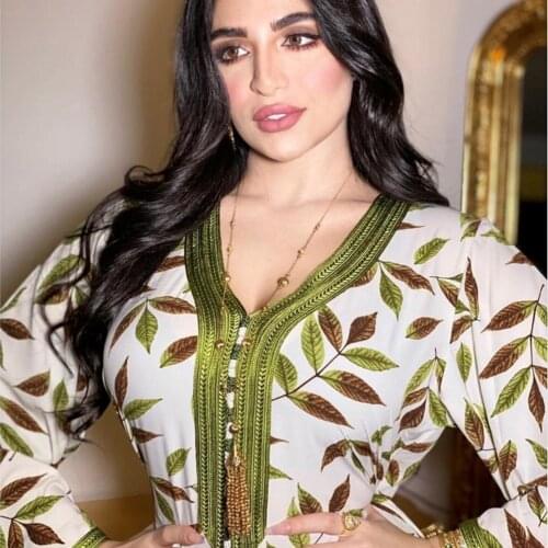 AB001 Kebaya 2021 Muslim Line Woman Long Dress Hijab Set Female Arabic Prayer Modest Clothing World Apparel Store White Leaves