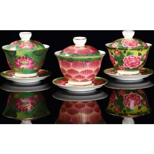 Porcelain Pinched Gold Silk Enamel Colored Cover Bowl Hand-Painted White Porcelain Tea Set Lotus and Peony Sancai Bowl