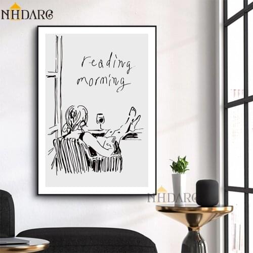 NHDARC Canvas Printings Paintings Posters Art ARC00842 Reading Morming Simple Strokes Black White Illustration Wall Home Decor