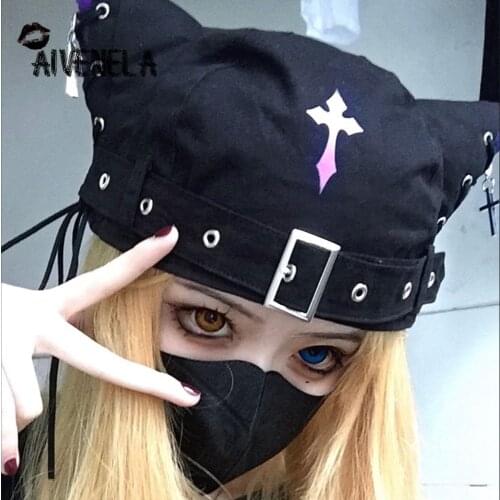 Individual Hat Streetwear Punk Harajuku Gothic Cat Ear Black Beret Rock Cross Bucket Cap Hip Hop Womens Hats AFC862