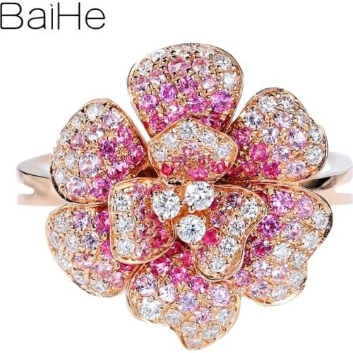 BAIHE Solid 14K Rose Gold 0.55ct Natural Pink Sapphirs 0.25ct Diamonds Women Wedding Fine Jewelry flowers Pendant Ring