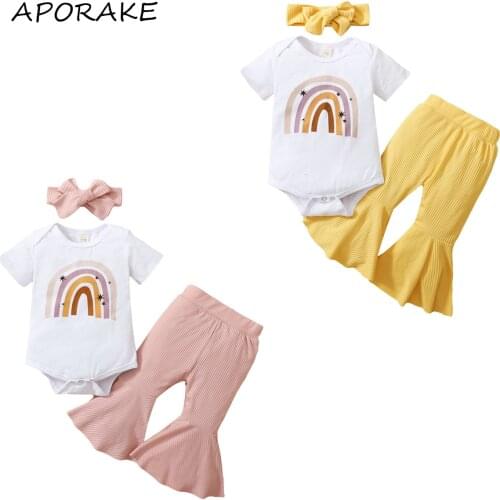 2021 0-18M Newborn Baby Girl Clothes Set Rainbow Print Short Sleeve Romper+Floral Pants+Headband Cute Infant Summer 3pcs Set