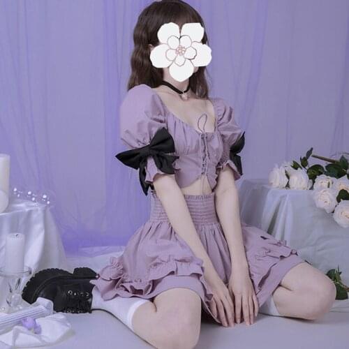 Summer Harajuku High waist cute Cake Skirt shorts y2k With Sexy Kawaii Flower sleeve bow-knot Lace Low-cut crop top Womens suit