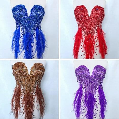 Handmade color Hot drilling Rhinestone feather lace embroidery patch applique wedding dress bordados DIY Performance clothing