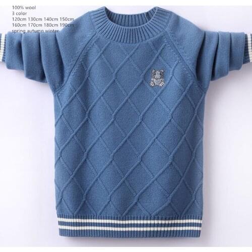 Naizaiga 100% wool diamond shape blue yellow white o-neck big children thick sweater , FMBR24
