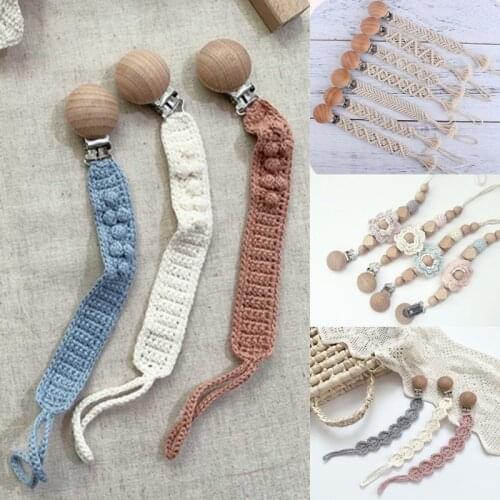 BPA-free Vintage Crochet Baby Pacifier Clip Chain Woven Cotton Rope Handmade Beech Wood DIY Dummy Nipple Holder Pacifier Chain