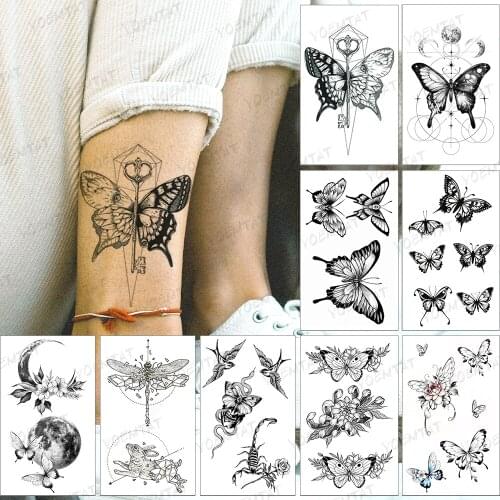 Waterproof Temporary Tattoo Sticker Butterfly Wing Geometric Line Key Tatoo Chest Back Woman Man Child Flash Tattoos