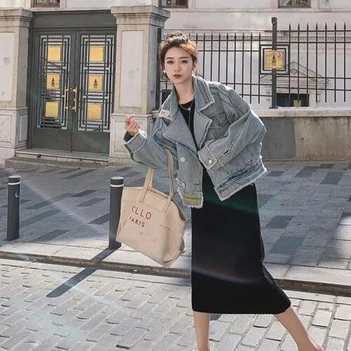 Light Blue Turn-Down Collar Short Womens Denim Coat Vintage Fringe Female Cowboy Outerwear Autumn Large Size Loose Jean Jacket