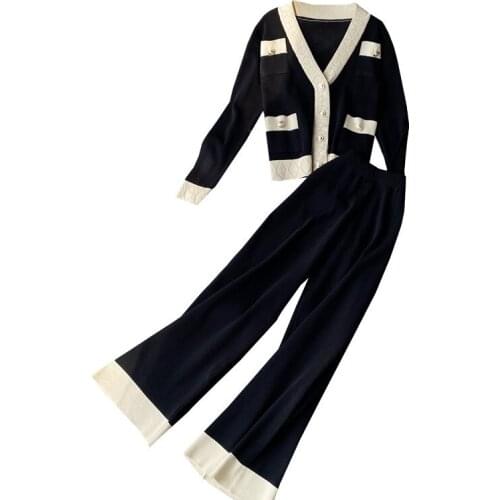 Knit Tracksuit Women Outfits Autumn Winter V-Neck Pocket Cardigan + High Waist Wide Leg Pants Two Piece Set Ladies Clothes H1011