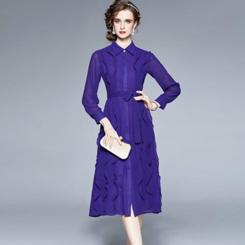 New Arrive 2021 Autumn Women Turn Down Collar Long Sleeve Chiffon Dress Female Fashion Office Ruffles Casual Midi Dress Vestido