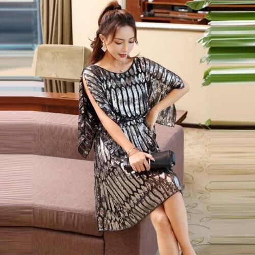 Summer Vintage A-line Geometric Half Sleeve Fashion Sexy Beading Round Neck One Size Silver White Women Party Club Sequin Dress