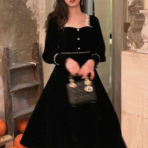 Winter Vintage Black Dress Women Casual Elegant Long Sleeve Square Collar Gothic Party Dress Female 2020 One-piece Dress Korean