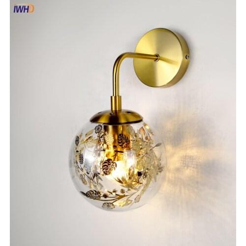 Golden Iron Glass Ball Wall Lights Fixture LED Creative Metal Leaf Nordic Modern Wall Sconce Indoor Lighting Lampade Da Parete