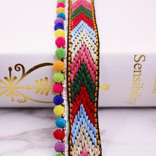 1Yard 25mm Bohemian Lace Trim Ethnic Embroidery Lace Ribbon Colorful Round Ball Tassel Pompom Beads Pendant Collars Accessories