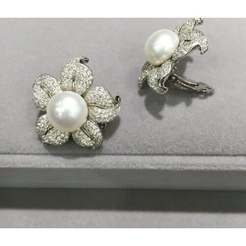 10-11MM natural fresh water pearl clip earring 925 sterling silver flower earring pave stone cute romantic fine women jewelry