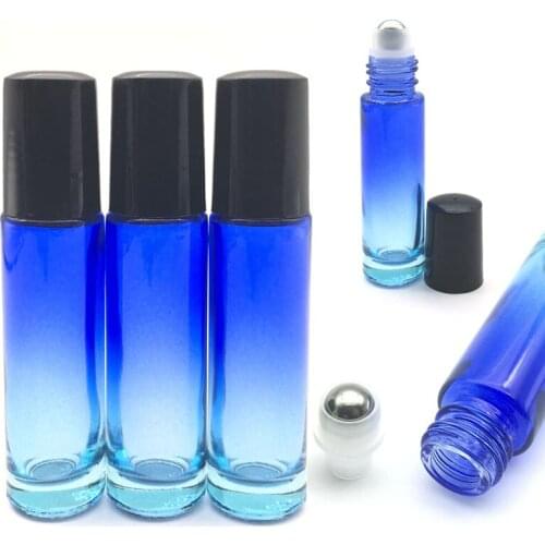 100pcs Essential Oil Thick 10ml Glass Roller Bottle Empty Gradient Blue-clear Perfume Sample Roll-On Black Plastic Cap Container