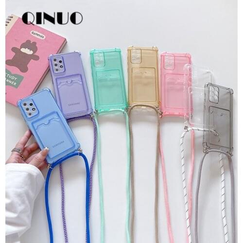 Wallet Card Holder Lanyard Case For Samsung Galaxy S21 Ultra S20 FE Note 10 20 Plus A12 A32 A52 A72 Strap Cord Chain Clear Cover