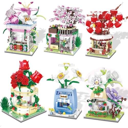 DIY Plant Potted Rose Orchid Lily Plum Flower Blossom Building Blocks With Figures Landscape Model Bricks Toys for Girls Gifts