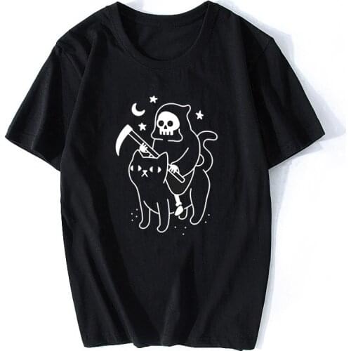 Death Rides A Black Cat Reaper Funny Vintage Men Horror Skull T-Shirt Harajuku Streetwear Funny Aesthetic Cotton Tshirt