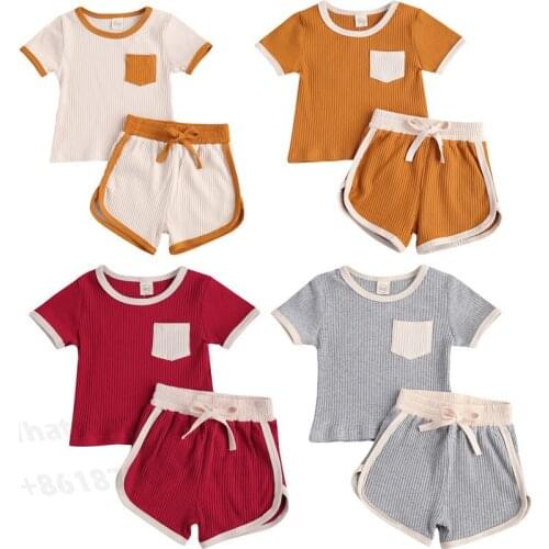 Summer Kids Baby Boy Girl Clothing Pocket Patchwork Short Sleeve Ribbed Knitted Top T-shirt+Shorts Loose 2pcs Outfits Set 0-4Y