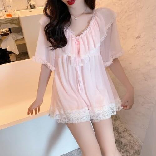 Summer Lolita Pajama Set Women Sweet Lounge Wear 2 Piece Sets Shorts Sexy Pjs Lace Sleepwear Nightwear Kawaii Pijama for Girls