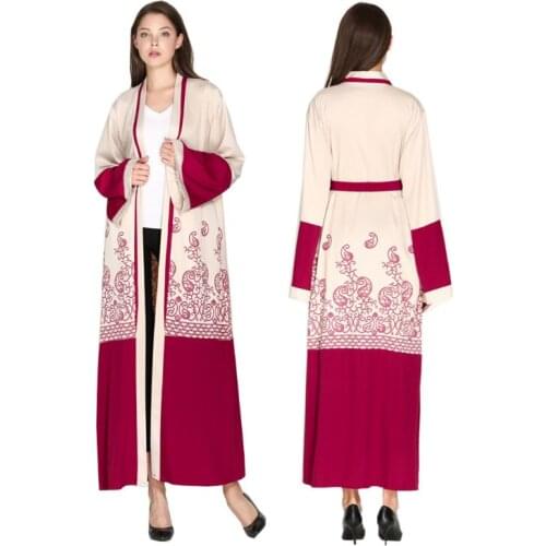 Muslim Womens New Robe Printed Red Cardigan Stitching Middle East Lace Up Dress For Female