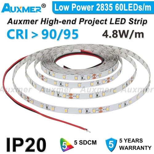 Low Power 2835 60LEDs/m LED Strip,CRI95/90,IP20,4.8W/m,300LEDs/Reel,Non-waterproof,Red Green Blue Amber Yellow Pink Purple