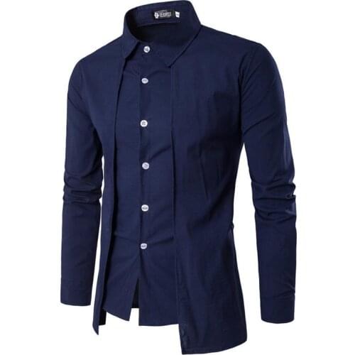 2020 Autumn New Men Fake Two-piece Double Placket Slim Fit Long Sleeve Shirt Mens Shirts Camisa Social Masculina