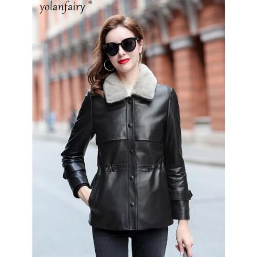 Autumn Winter Real Leather Jacket Women Mink Fur Collar Natural Sheepskin Coat Female Duck Down Jackets High Quality SY51202